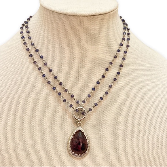 New York & Co Purple and Silver Beaded Double Strand Teardrop Toggle Necklace - Picture 3 of 6